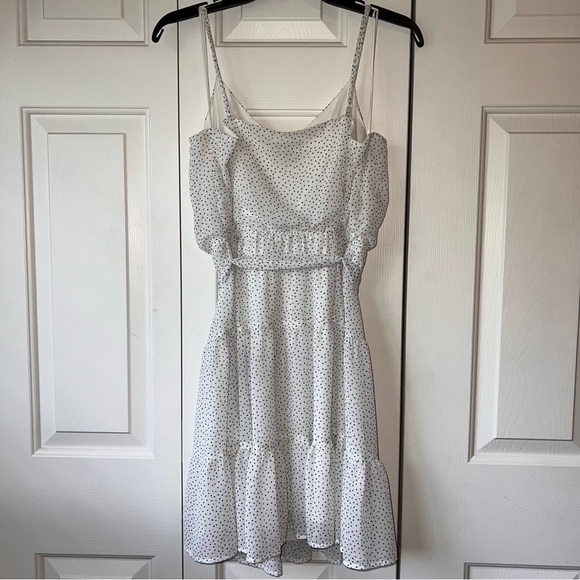 Express Little White Dress Ruffled Peasant Dress Polka Dot Mini Dress Medium - Picture 7 of 8
